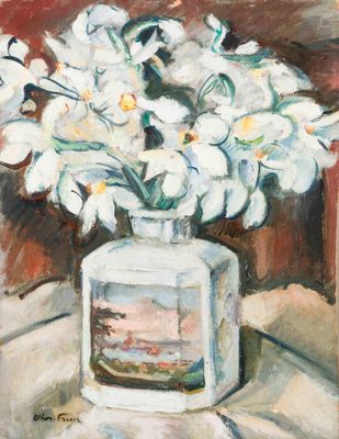 a painting of white flowers in a vase on a table