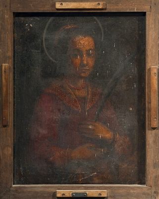un vieux tableau représentant un homme avec une auréole sur la tête