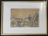 an old drawing of a group of people riding horses in a field