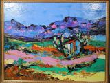 une peinture à l'huile représentant une maison dans un champ, avec des montagnes en arrière-plan