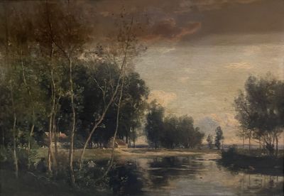 un tableau représentant une rivière avec des arbres au premier plan