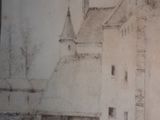 dessin au crayon représentant un grand bâtiment surmonté d'une tour