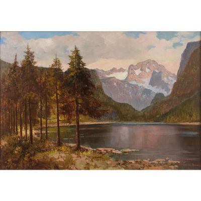 un tableau représentant un lac de montagne, avec des arbres et des montagnes en arrière-plan