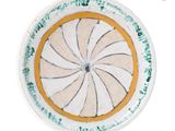 a white plate with a yellow rim on a white background