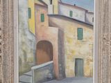 une peinture à l'huile représentant un bâtiment aux volets verts devant un mur de pierre