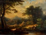 tableau représentant un paysage boisé avec du bétail paissant au bord d'une rivière