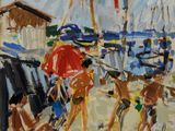 a painting of a group of people walking on the beach