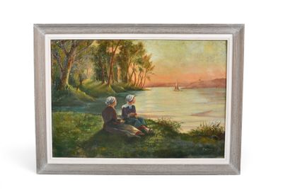 tableau représentant un couple assis au bord d'une rivière, en train de lire un livre