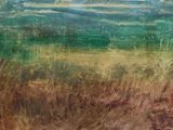 a painting of a field of grass with a sky in the background