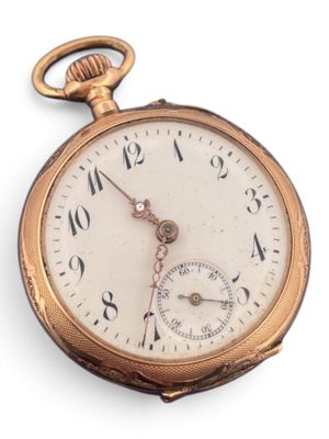a close up of a pocket watch on a white surface