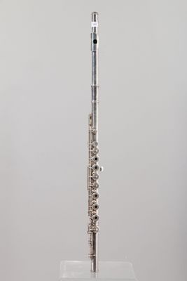 a silver flute sitting on top of a clear plastic stand