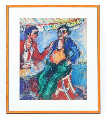 tableau représentant deux hommes assis à une table devant un parasol