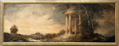 une image représentant une peinture de paysage avec une colonne et un homme à cheval au premier plan