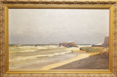 un tableau représentant une scène de plage avec des vagues qui déferlent