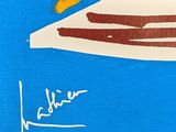 a picture of a painting of a boat on a blue background