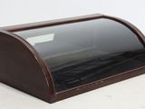 brown wooden desk organizer with black glass top