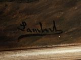 a close up of a painting of a man with a hat on