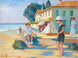 tableau représentant un couple sur une plage, près d'une maison