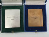 two silver and gold medals in a blue case on a white surface