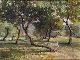 painting of a painting of trees in a field with a house in the background