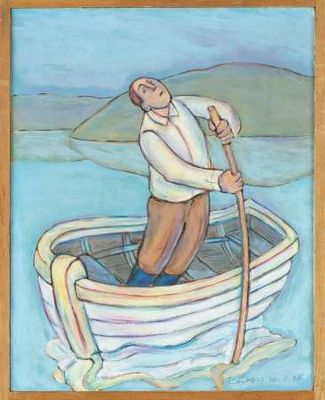 a painting of a man in a boat on the water