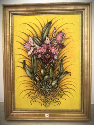 a painting of pink flowers in a gold frame on a yellow background