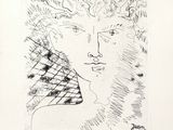 un dessin à l'encre représentant le visage d'une femme coiffée d'un chapeau