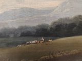 painting of a herd of sheep grazing in a field with mountains in the background