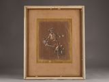 an old picture of a man riding a horse in a wooden frame