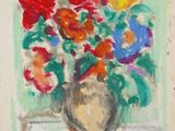 painting of a vase of flowers on a table with a green background