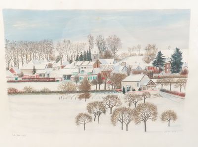 tableau représentant un village en hiver, avec des arbres et de la neige au sol