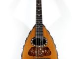 a close up of a mandolin sitting on a white surface