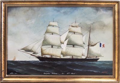 an oil painting of a tall ship sailing in the ocean