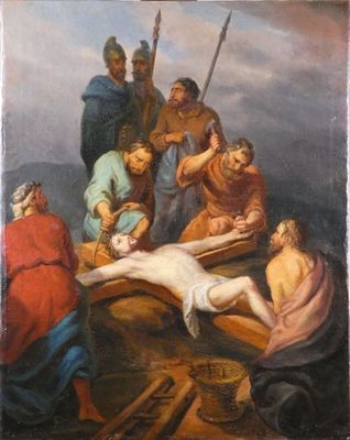 une image représentant un tableau où l'on voit Jésus allongé sur la croix, entouré d'autres personnes