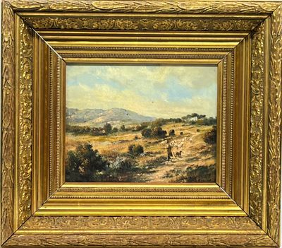 un tableau représentant un paysage avec un homme et un chien au premier plan