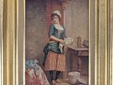 un vieux tableau représentant une femme en robe bleue tenant un bol