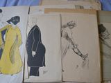 several drawings of people in coats and hats sit on a bed