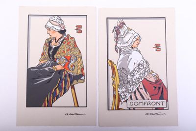 paire de posters vintage représentant deux femmes en habits traditionnels assises sur une chaise
