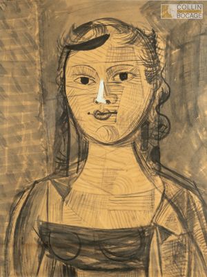 dessin représentant une femme vêtue d'une robe marron et portant un bandeau noir