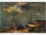 une image représentant une peinture montrant des bateaux sur une plage, avec un ciel nuageux en arrière-plan