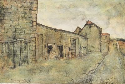 painting of an old building with a dirt road in front of it