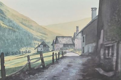 a painting of a country road with a farm in the background