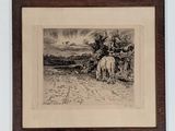 drawing of a man riding a horse in a field with a dog