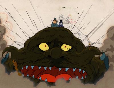 animation art of a monster with a man on top of it ' s head