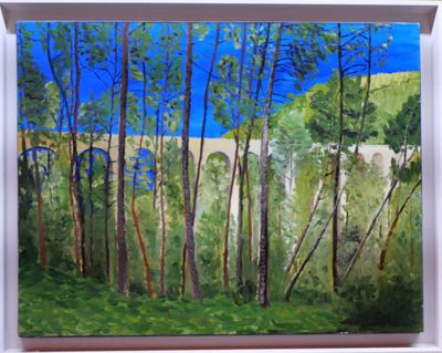 painting of a painting of a forest with a bridge in the background