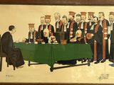 painting of a group of men standing around a table with a green table cloth