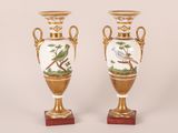une paire de vases anciens ornés de motifs représentant des oiseaux et des arbres