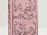 un vieux livre rose avec une illustration représentant une femme et un homme dans un bateau