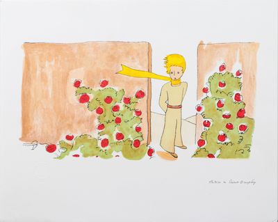 tableau représentant un garçon debout devant un jardin où se dresse un grand pommier