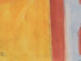 an image of a painting of a woman standing in front of a yellow and blue wall